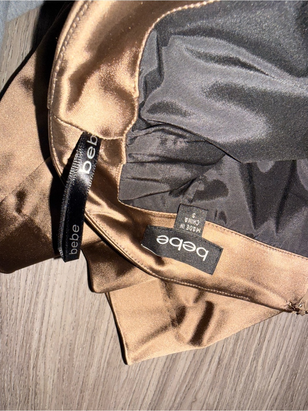bebe Strapless Satin cocktail Mini Dress in Brown with Belt - Picture 8 of 8